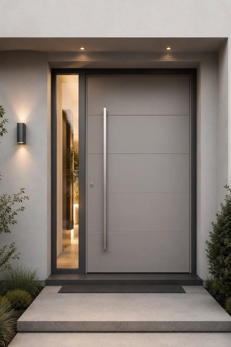 Aluminium-Haustür in Anthrazit mit Glas-Seitenteil und Edelstahl-Designgriff