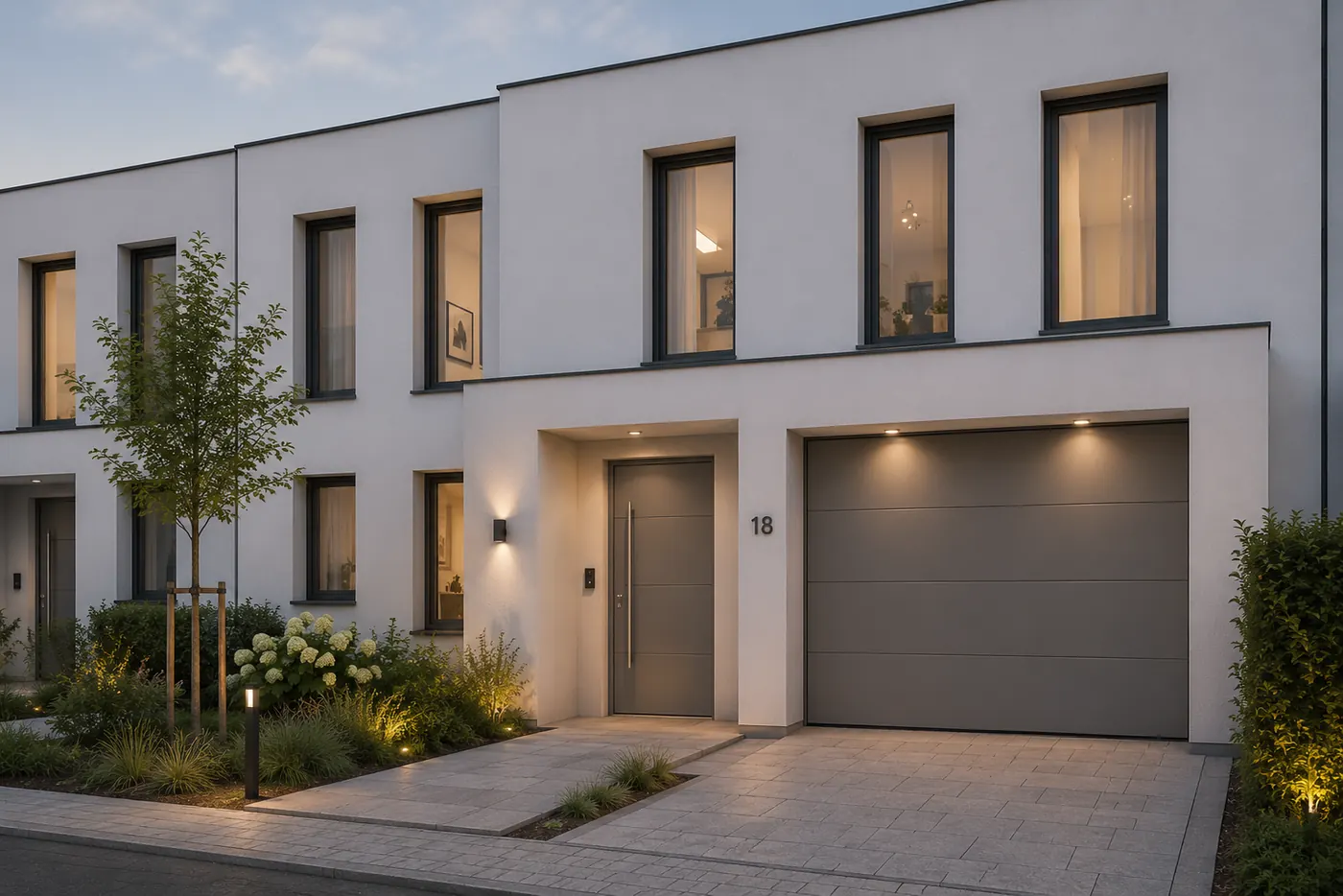 Reihenhaus mit Aluminium-Haustür und Sektionaltor in Beilstein