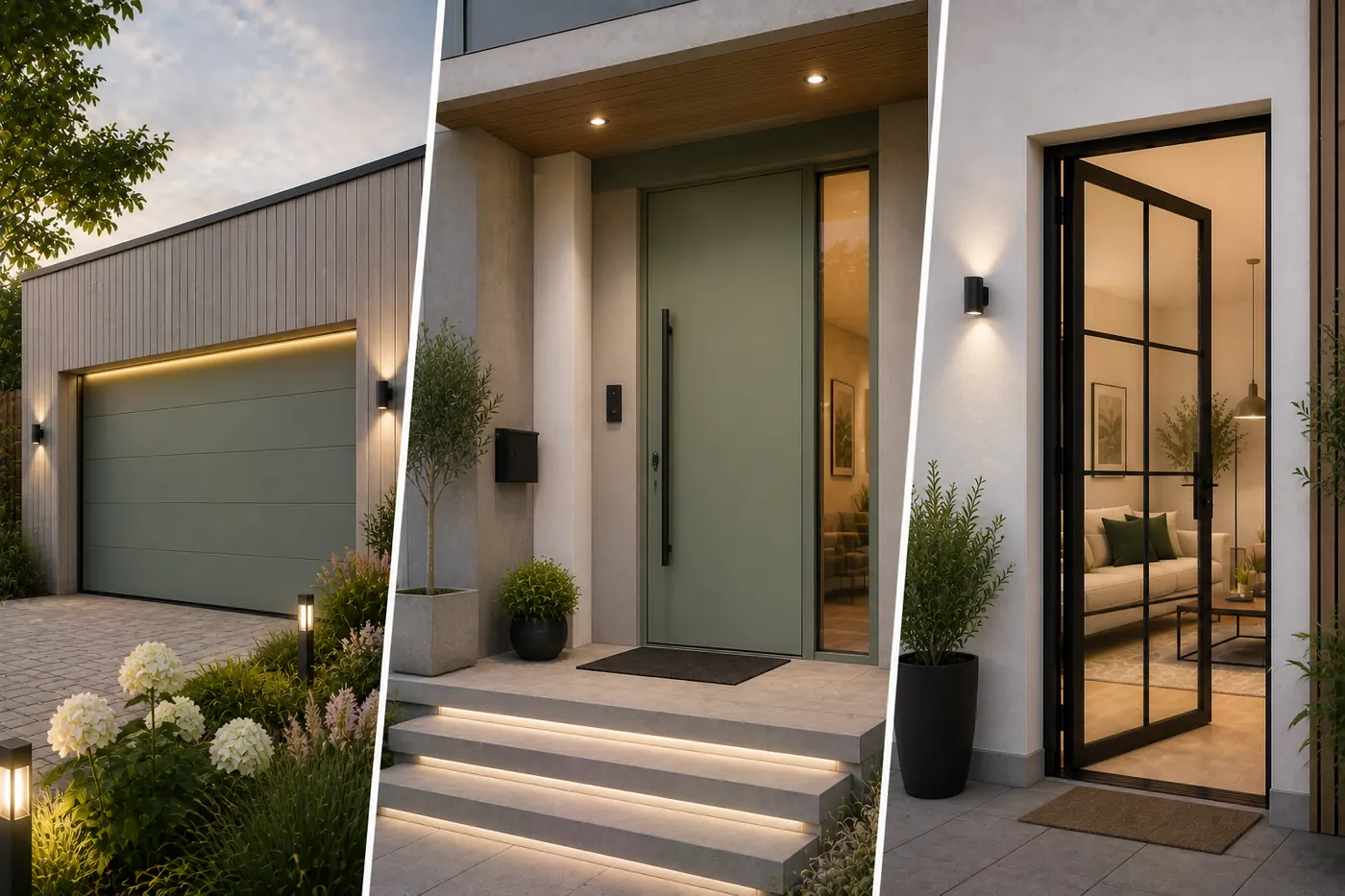 Premium-Aluminium-Haustür mit Designgriff und Sektionaltor an einem repräsentativen Haus in Gerlingen