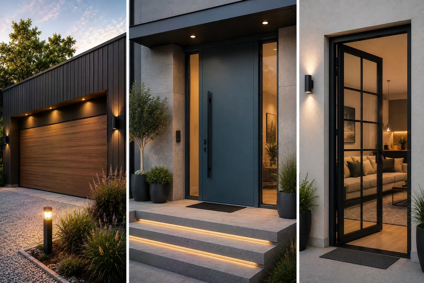 Aluminium-Designhaustür und Garagentor an einem modernen Wohnhaus in Ingersheim
