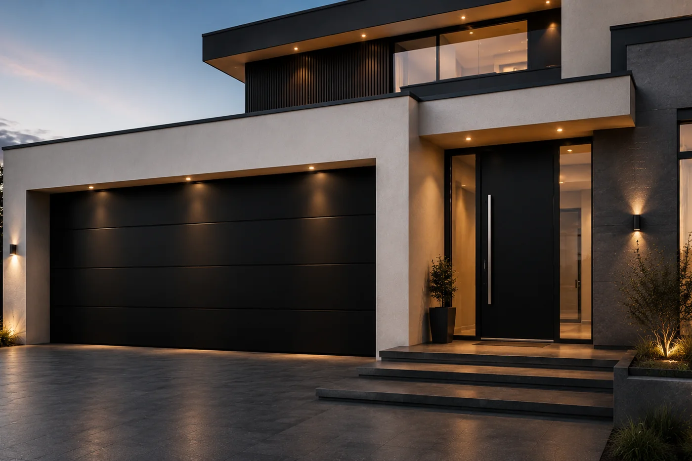 Modernes Einfamilienhaus mit schwarzem Sektionaltor und Aluminium-Haustür von Alu-Door in Kirchheim am Neckar