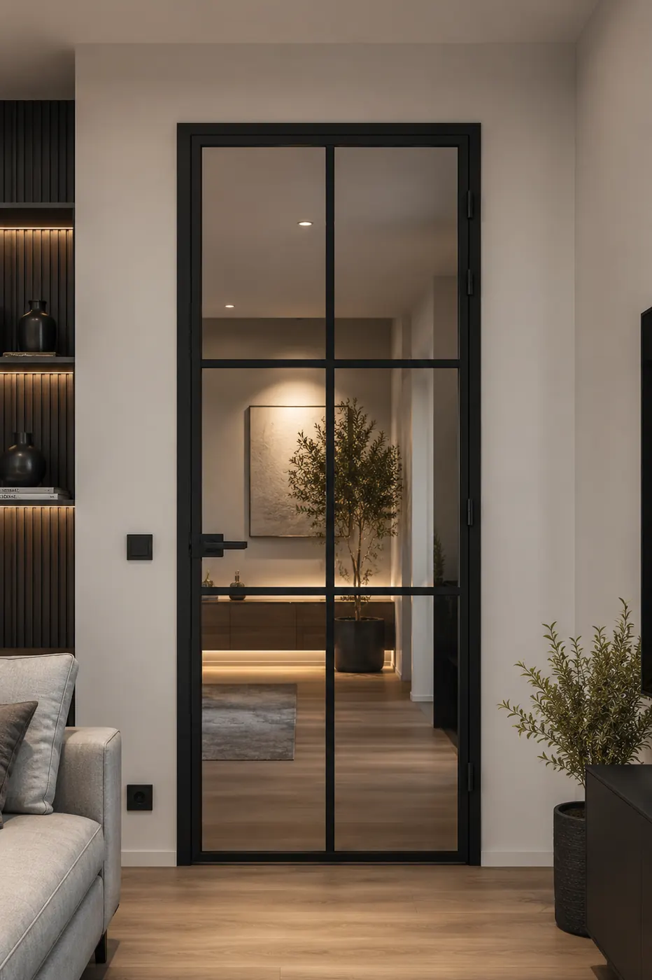 Moderne Lofttür mit schwarzer Aluminium-Sprossierung im Industrial-Loft-Stil