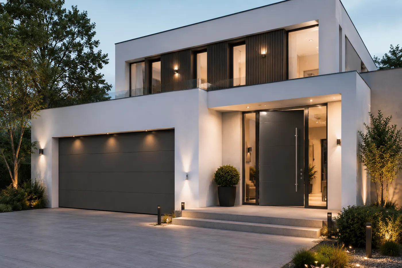 Repräsentative Stadtvilla mit Doppel-Garagentor und Aluminium-Haustür in Anthrazit